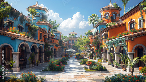 A charming traditional town built around a central plaza, with colorful houses, arched walkways, and outdoor dining areas.
