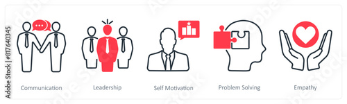 A set of 5 Soft Skills icons as communication, leadership, self motivation