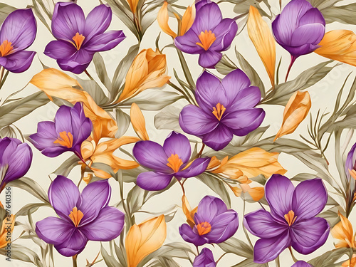Seamless watercolor painting of purple and yellow flowers. Flowers come in many shapes and sizes and are arranged in patterns. Flower petals slightly overlap on a white background.