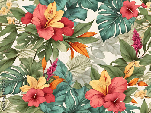 Vibrant and eye-catching seamless watercolor patterns of tropical flowers and foliage bursting with colors such as fuchsia  orange and yellow add to the atmosphere. Tropical style on white background