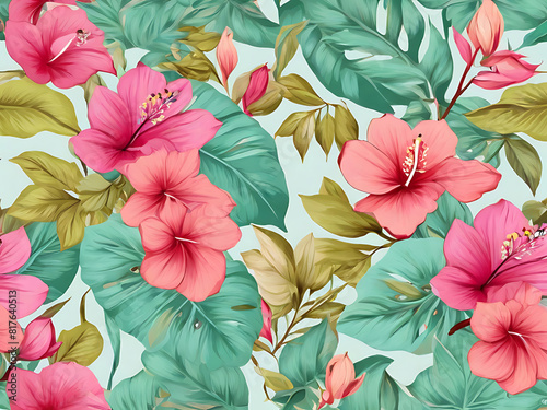 Watercolor painting  seamless pattern of delicate pink flowers and bright green leaves arranged on a serene light blue background  flowers with soft petals.