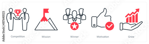 A set of 5 Success icons as competition, mission, winner