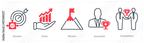 A set of 5 Success icons as solution, grow, mission