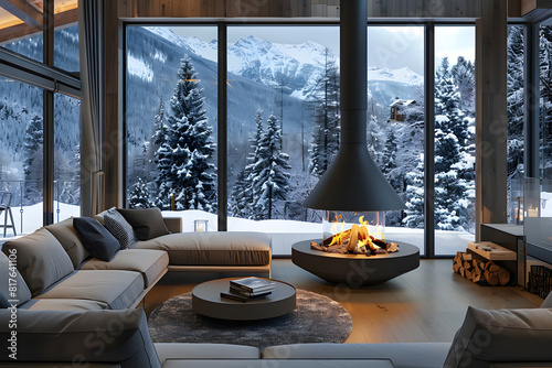 Cozy modern living room overlooking snowy mountains