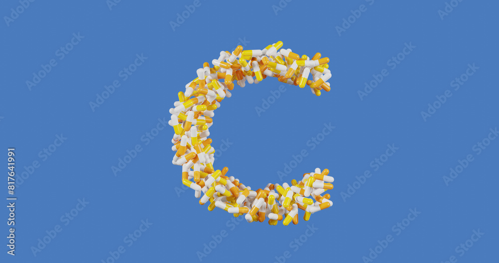 Vitamin C, pills in a yellow and white shell in the shape of the letter C isolated on a colored blue background, 3d rendering