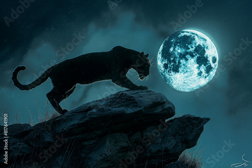 A panther leaping across a rocky outcrop  its sleek form outlined against the moon  showcasing its power and grace