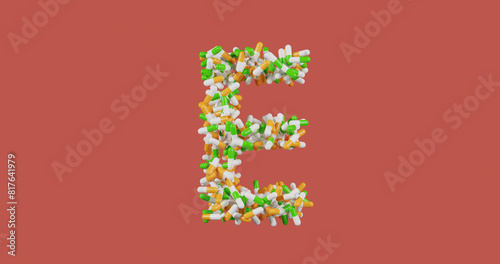 Vitamin E, pills in a yellow and white and green shell in the shape of the letter E isolated on a colored red background, 3d rendering