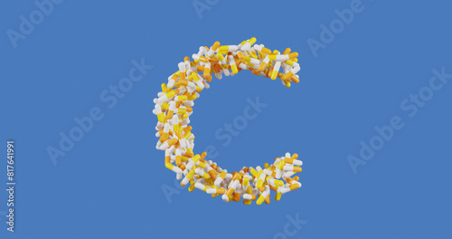 Vitamin C, pills in a yellow and white shell in the shape of the letter C isolated on a colored blue background, 3d rendering