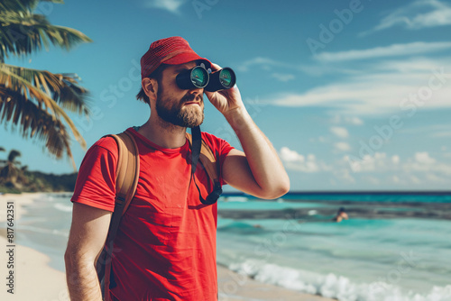 man lifeguard with binoculars on the summer beach