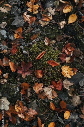 An overhead view of a forest floor covered in fallen leaves  pine needles  and moss  creating a textured carpet of foliage 