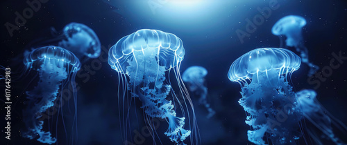 A group of jellyfish are floating in the ocean. The jellyfish are blue and have long, thin tentacles. The scene is peaceful and serene, with the jellyfish floating gracefully in the water