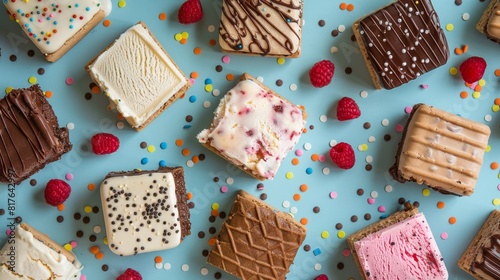 A flat lay of ice cream sandwich squares  each with different colors and patterns on top