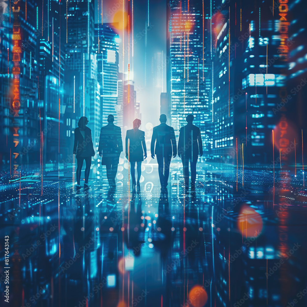 A group of four people walking down a city street. The image is a digital rendering of a cityscape with a blue sky and a reflection of the people in the water. Scene is one of modernity and technology