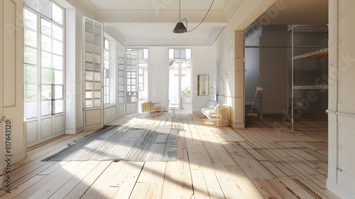 Sunlit spacious empty room with open french doors