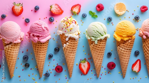 ice cream cones with different flavors and colorful sprinkles on a pastel background