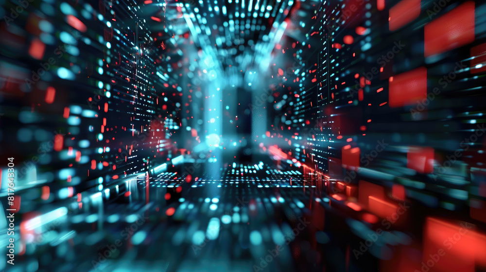 A computer generated image of a city with red and blue lights. The image is blurry and has a futuristic feel to it A computer generated image of a city with red and blue lights. The image is blurry and has a futuristic feel to it