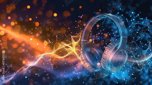 A colorful, abstract image of a pair of headphones with a blue and orange background. The headphones are surrounded by a lot of sparkles and dots, giving the impression of a futuristic
