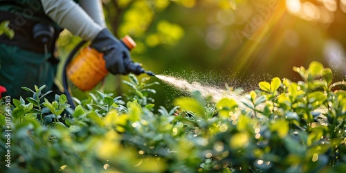 A farmer spraying chemicals on a blueberry farm in spring.