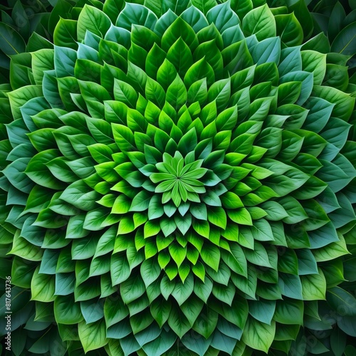 pattern of green leaves arranged in concentric circles, intricate mandala. concepts: nature, wellness, eco-friendly products, meditation, relaxation, mindfulness platforms, gardening business.