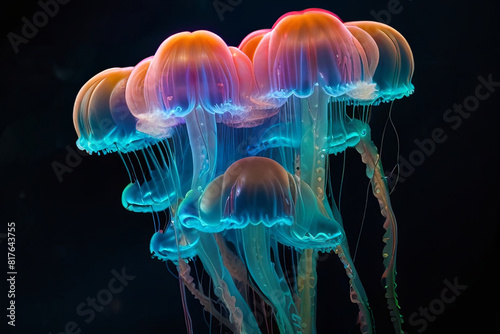 Bioluminescent jellyfish illuminate the abyss  creating an ethereal and mystical underwater scene.