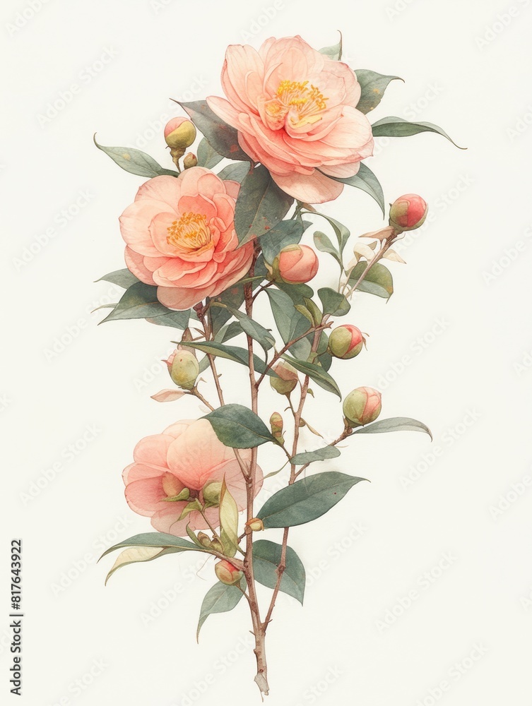 Camellia flower, drawn by watercolor paints, bright colors, rough 2D animation, children's book illustration, isolated on white background