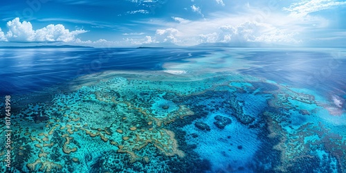 The magnificent aerial sight of the world-renowned coral reef off Australia, a marvel of the sea and a hub for environmental preservation and leisure tourism. © ckybe