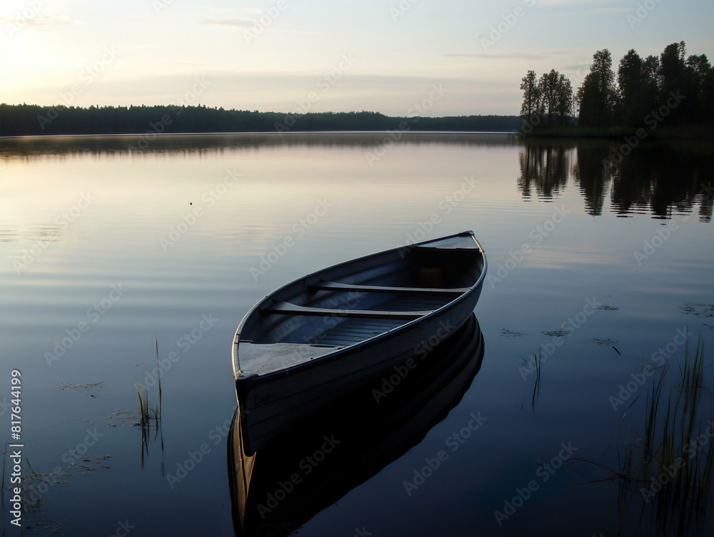 Small Wooden Boat Stands On Calm Big Lake - Generative AI Small Wooden Boat Stands On Calm Big Lake - Generative AI