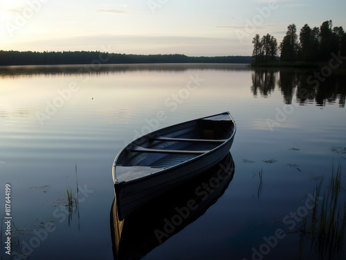 Small Wooden Boat Stands On Calm Big Lake - Generative AI © FotoIdee