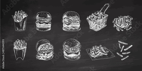 Burgers and potato french fries set on chalkboard background. Hand-drawn sketch of different burgers and french fries. Fast food retro vector illustrations isolated. Vintage illustration.