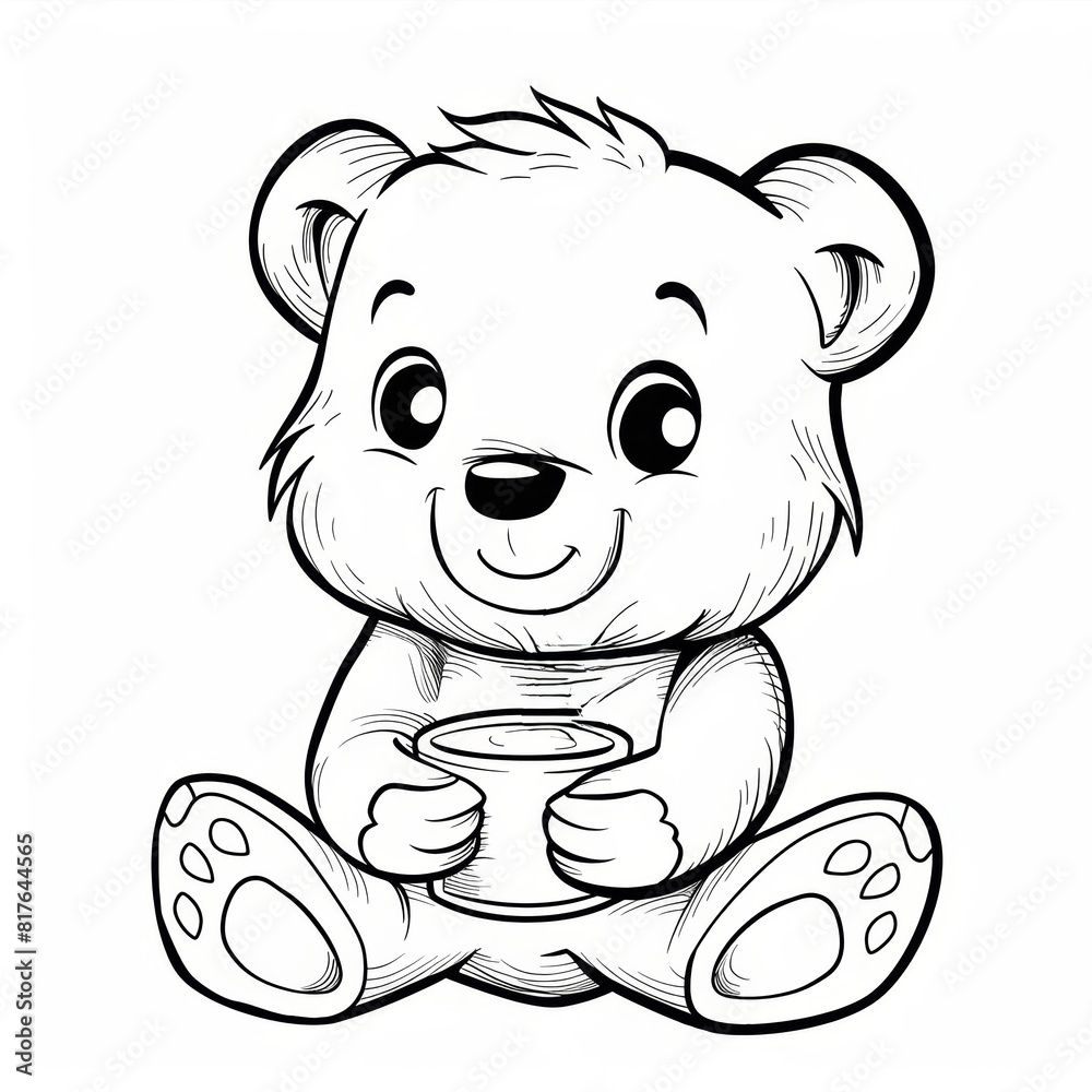 Fototapeta premium Chibi Bear Plush Toy drinking, drawn in monochrome with clear, thick lines for a preschool coloring book, simple cartoon style, isolated on a white background