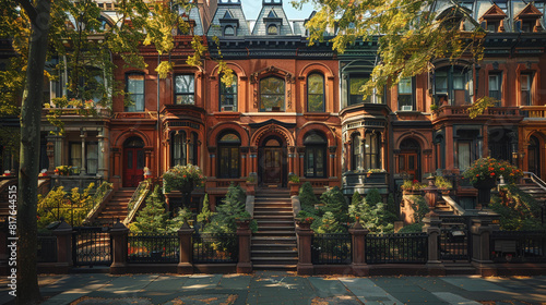 A grand townhouse with a stunning, Gothic Revival-style faÃ§ade, complete with pointed arches and ornate stonework, situated in an upscale city neighborhood.