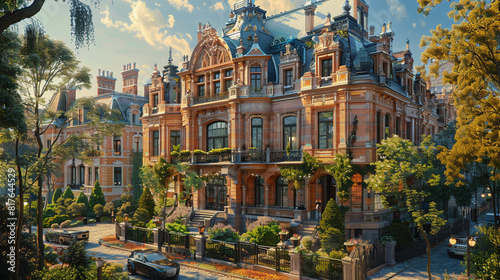 A grand townhouse with a stunning, Art Nouveau-style faÃ§ade, complete with sinuous lines and ornate metalwork, situated in an upscale city neighborhood.