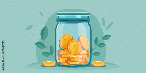 Coin container. Storing dollar currency in a jar. Concept of frugality illustrated in a simple design.