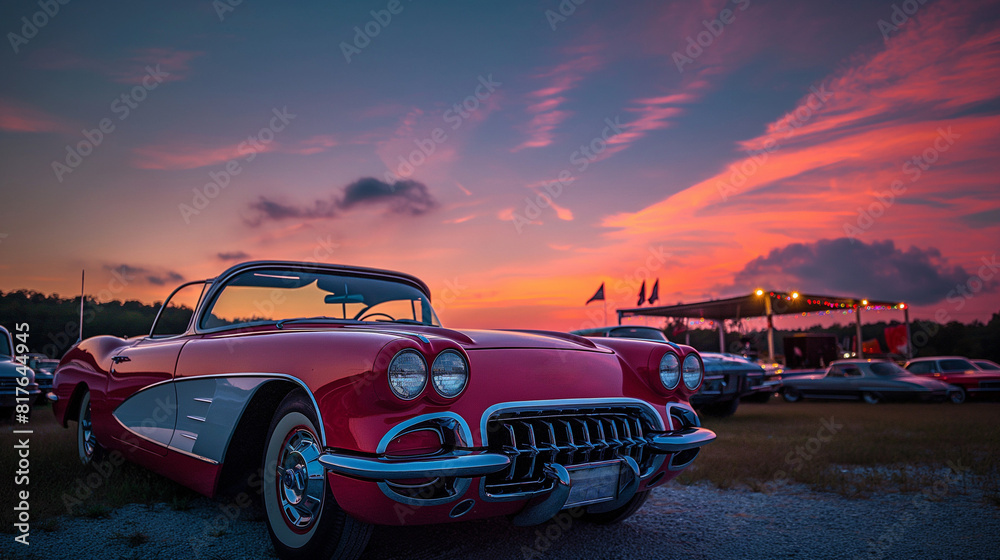 A classic car parked at a drive-in movie theater, dusk sky background 