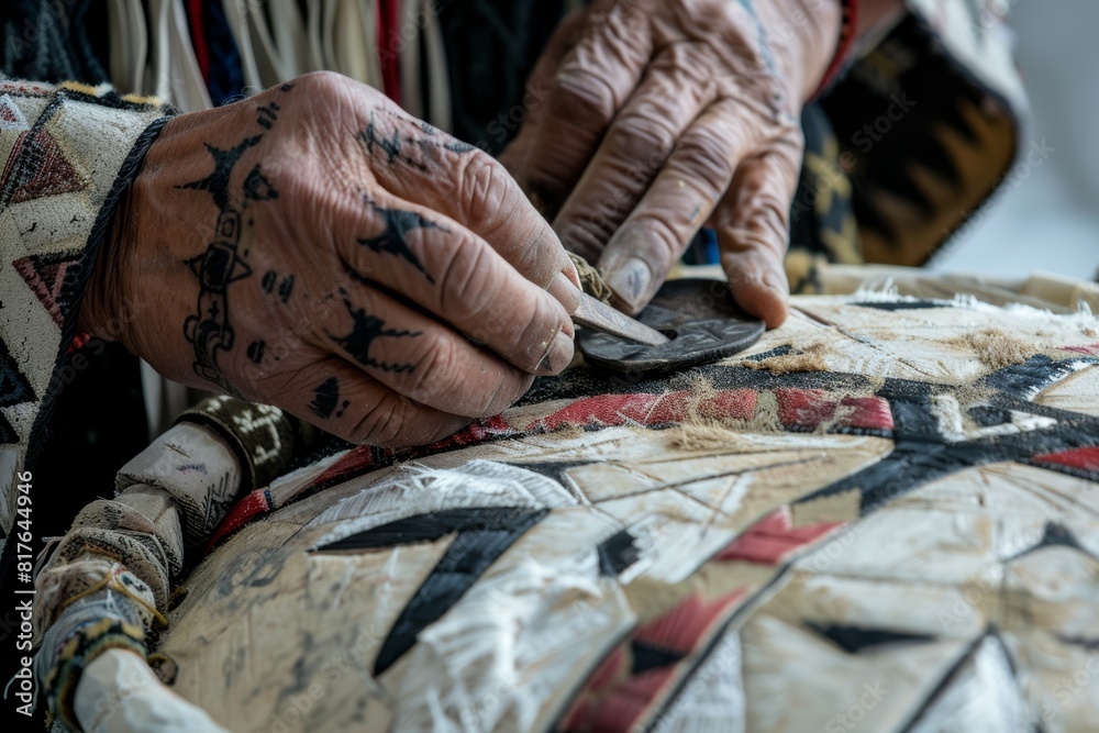 Close-up of a Native American artist carving intricate designs on traditional art piece Close-up of a Native American artist carving intricate designs on traditional art piece