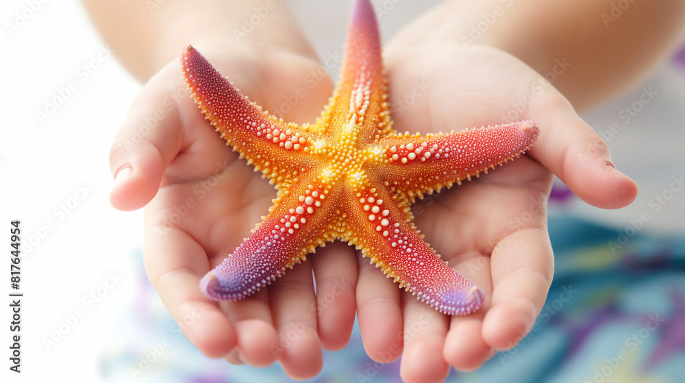 A close-up of a colorful starfish in a child's hands, isolated on white background A close-up of a colorful starfish in a child's hands, isolated on white background
