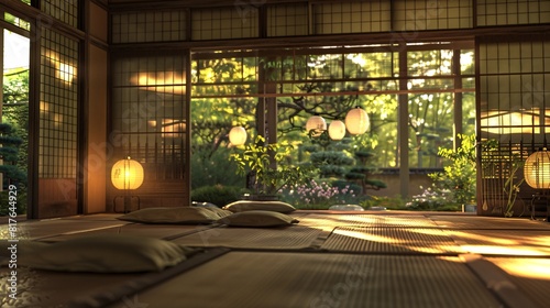A view of a traditional Japanese room featuring large windows that let in natural light  complemented by a wooden floor