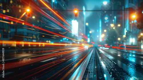 Illuminated urban street with blurred movement.