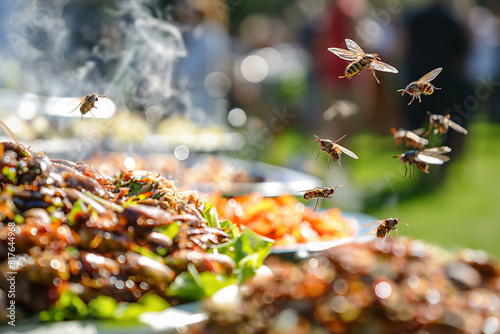 A close-up of uncovered food left out at an outdoor event with flies buzzing around 