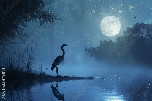 An enchanting view of a heron poised gracefully on the edge of a moonlit pond  its slender silhouette mirrored in the still waters below