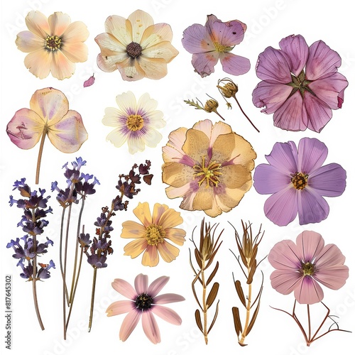 clipart set dried and pressed pink and lavender flowers  realistic attention to detail  isolated in a white background