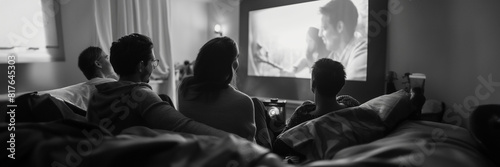 A group of friends watching a black-and-white film on a classic projector, cozy room setting 