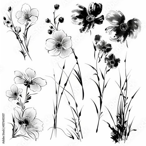 clipart set sumi-e flowers, black thich well defined closed lines, isolated in a white background photo