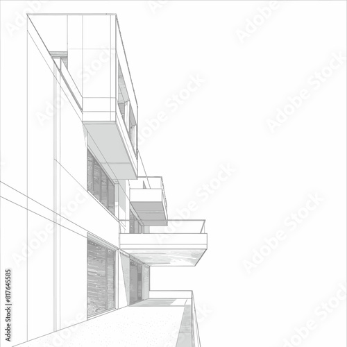 a line drawing of a building with balconies