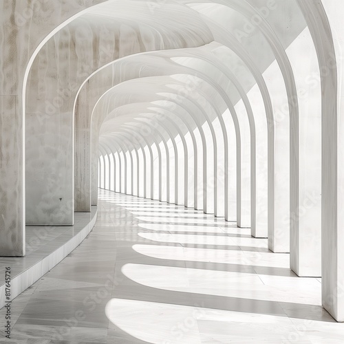 Modern Architecture White Arched Corridor with Sunlight and Shadows.
