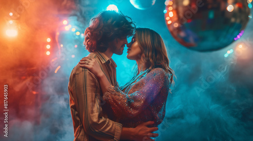 A young couple dressed in 70s fashion dancing under a disco ball, vibrant lighting  © fotogurmespb