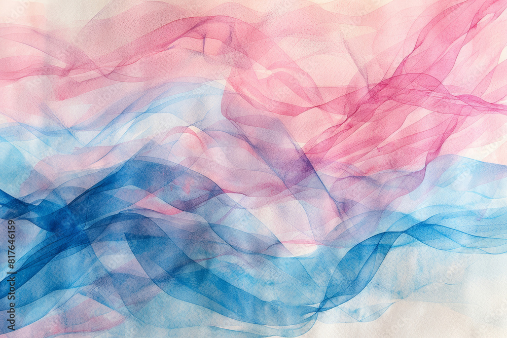 Abstract watercolor painting with pastel blue and pink lines, textured paper background 