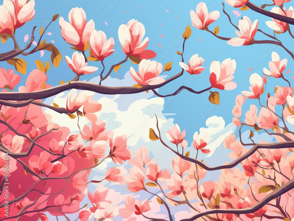 Obraz premium Magnolia trees flat design top view early spring theme animation vivid colors