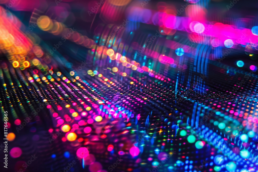 Close-up of a futuristic holographic material showing a spectrum of neon colors 