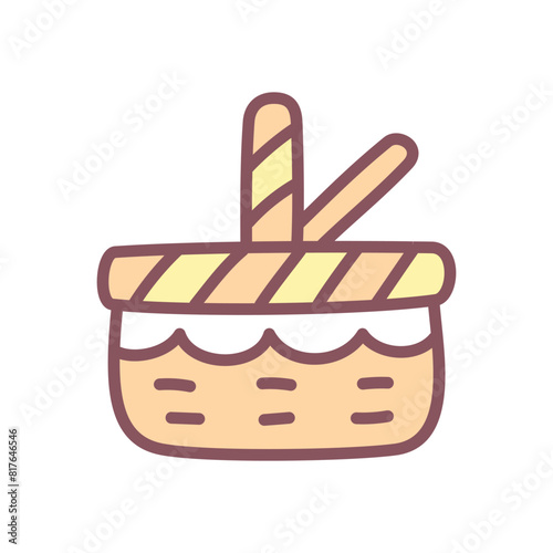 Cute picnic basket icon. Hand drawn illustration of a retro wicker basket isolated on a white background. Kawaii sticker. Vector 10 EPS.
